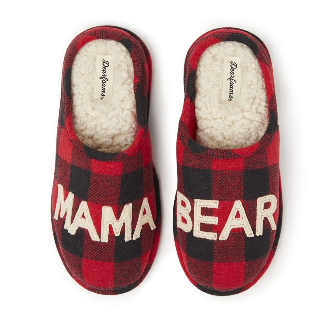 Dearfoams Women's Gifts for Mom Cute Cozy Mothers Day Mama Bear Slipper, Buffalo Plaid, 7-8