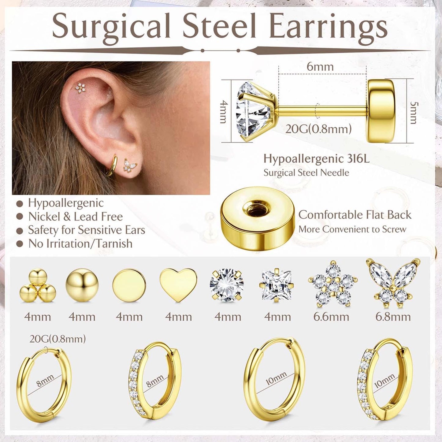 Jstyle Hypoallergenic Surgical Steel Earrings for Sensitive Ears 14K Gold Flat Back Earrings for Women Men Small Stainless Steel Earrings Flatback Stud Hoop Cartilage Earring Set for Multiple A