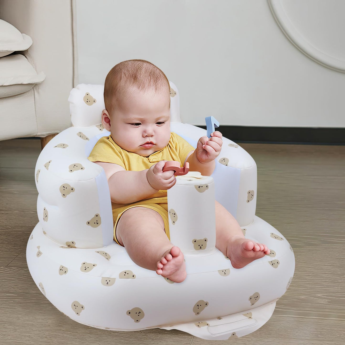 EKEPE Baby Inflatable Seat with Suction Cups for Babies 3 Months & Up, Baby Floor Seats for Sitting Up with Built in Air Pump, Blow Up Baby Chair for Infants - Bear Head