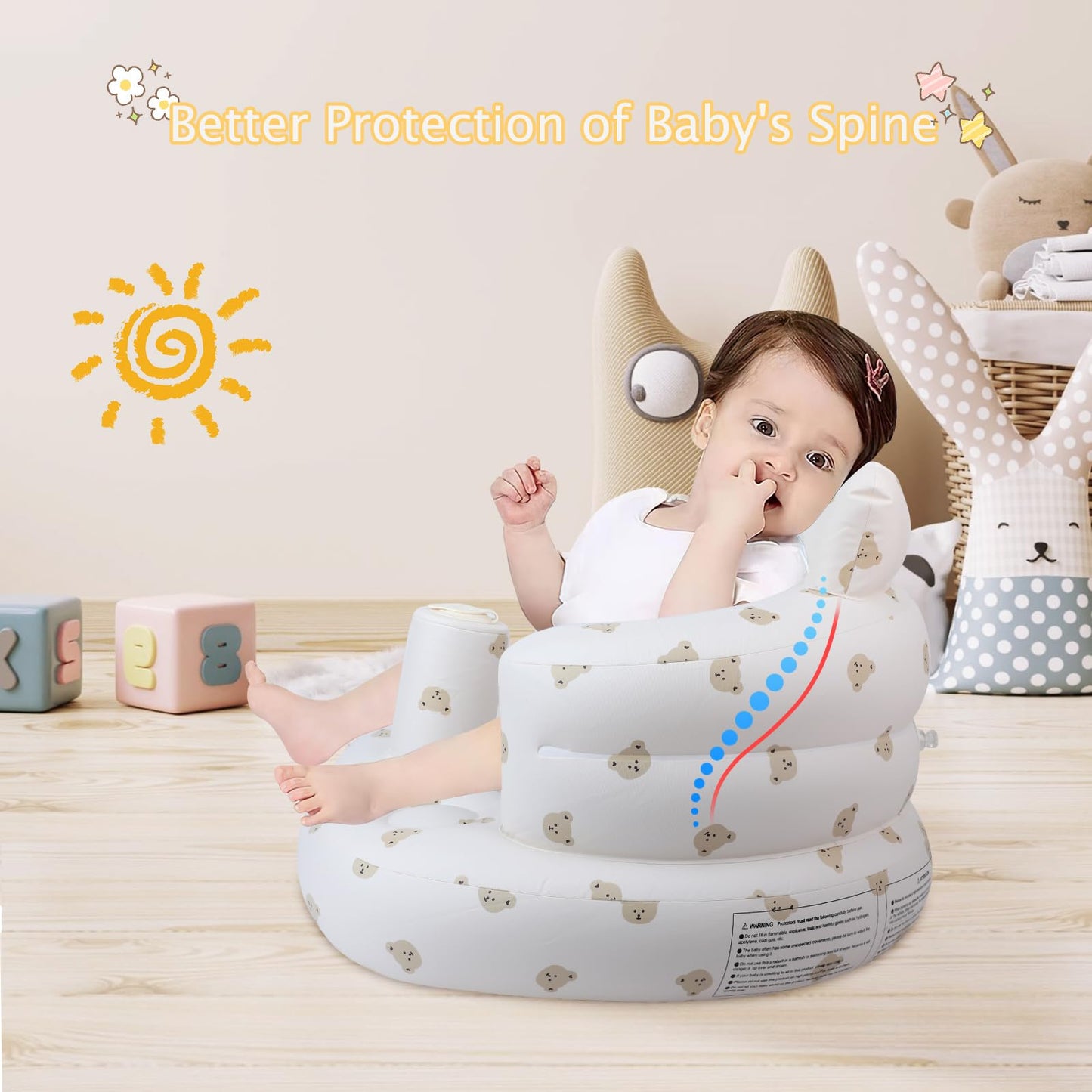 EKEPE Baby Inflatable Seat with Suction Cups for Babies 3 Months & Up, Baby Floor Seats for Sitting Up with Built in Air Pump, Blow Up Baby Chair for Infants - Bear Head