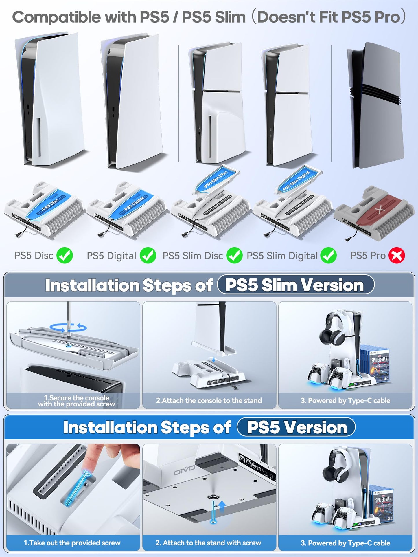 PS5 / PS5 Slim Stand and Cooling Station with LED Controller Charging Station for PlayStation 5 Console, PS5 Controller Charger, PS5 / PS5 Slim Accessories with 3 Level Cooling Fan